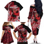 Personalized Essendon Bombers Family Matching Off The Shoulder Long Sleeve Dress and Hawaiian Shirt Polynesian Tribal Bomber Pilot Mascot With Hibiscus Floral Art