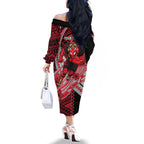 Personalized Essendon Bombers Family Matching Off The Shoulder Long Sleeve Dress and Hawaiian Shirt Polynesian Tribal Bomber Pilot Mascot With Hibiscus Floral Art