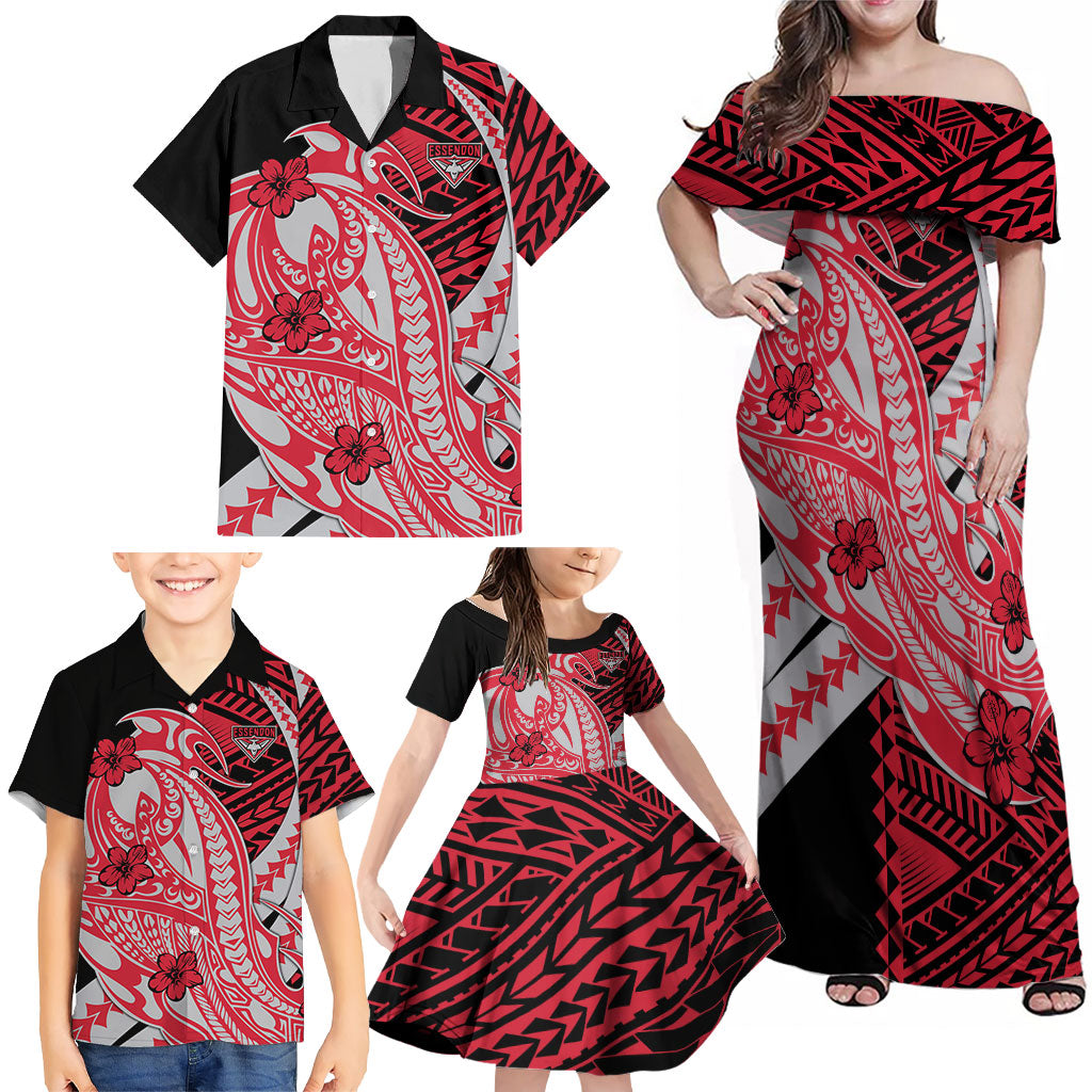 Personalized Essendon Bombers Family Matching Off Shoulder Maxi Dress and Hawaiian Shirt Polynesian Tribal Bomber Pilot Mascot With Hibiscus Floral Art