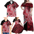 Personalized Essendon Bombers Family Matching Off Shoulder Maxi Dress and Hawaiian Shirt Polynesian Tribal Bomber Pilot Mascot With Hibiscus Floral Art