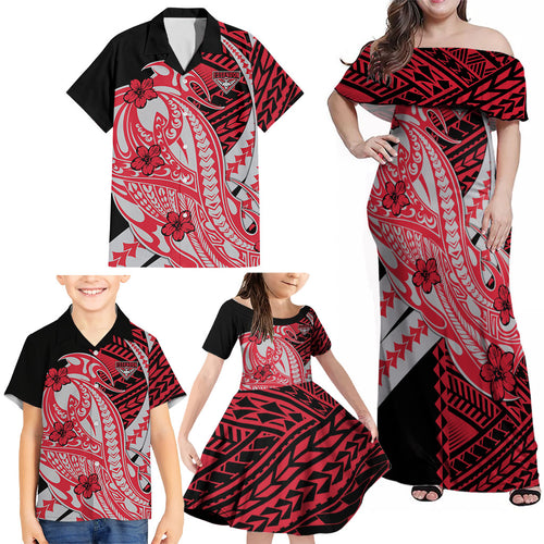 Personalized Essendon Bombers Family Matching Off Shoulder Maxi Dress and Hawaiian Shirt Polynesian Tribal Bomber Pilot Mascot With Hibiscus Floral Art