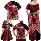 Personalized Essendon Bombers Family Matching Off Shoulder Maxi Dress and Hawaiian Shirt Polynesian Tribal Bomber Pilot Mascot With Hibiscus Floral Art