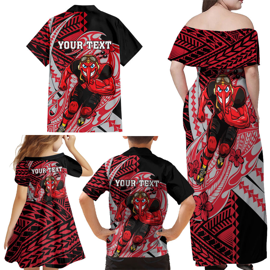 Personalized Essendon Bombers Family Matching Off Shoulder Maxi Dress and Hawaiian Shirt Polynesian Tribal Bomber Pilot Mascot With Hibiscus Floral Art