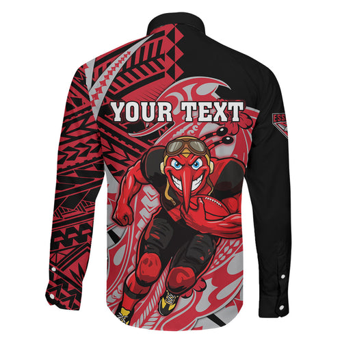 Personalized Essendon Bombers Family Matching Off Shoulder Maxi Dress and Hawaiian Shirt Polynesian Tribal Bomber Pilot Mascot With Hibiscus Floral Art