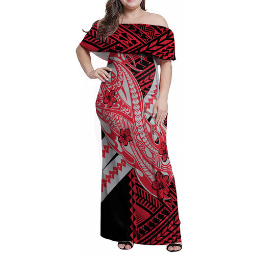 Personalized Essendon Bombers Family Matching Off Shoulder Maxi Dress and Hawaiian Shirt Polynesian Tribal Bomber Pilot Mascot With Hibiscus Floral Art