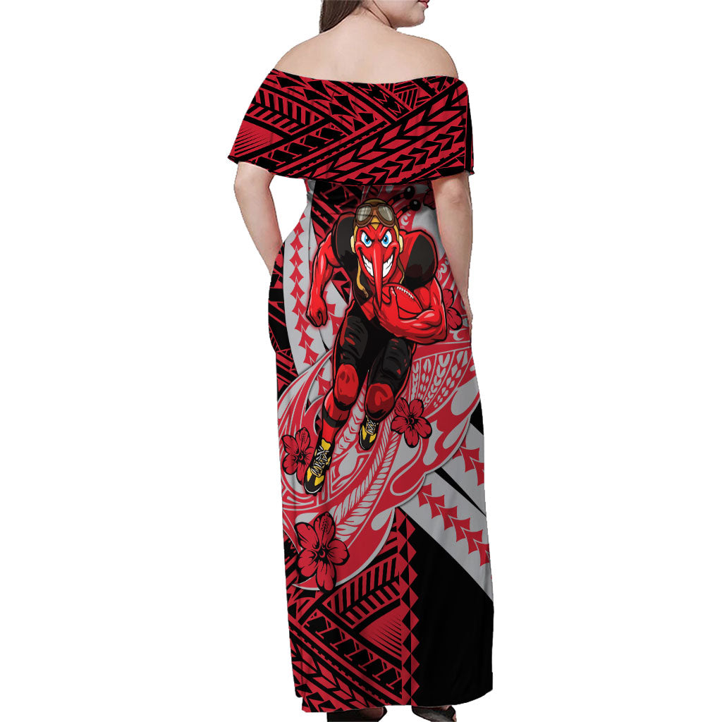 Personalized Essendon Bombers Family Matching Off Shoulder Maxi Dress and Hawaiian Shirt Polynesian Tribal Bomber Pilot Mascot With Hibiscus Floral Art