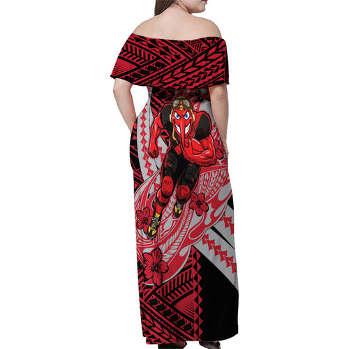 Personalized Essendon Bombers Family Matching Off Shoulder Maxi Dress and Hawaiian Shirt Polynesian Tribal Bomber Pilot Mascot With Hibiscus Floral Art