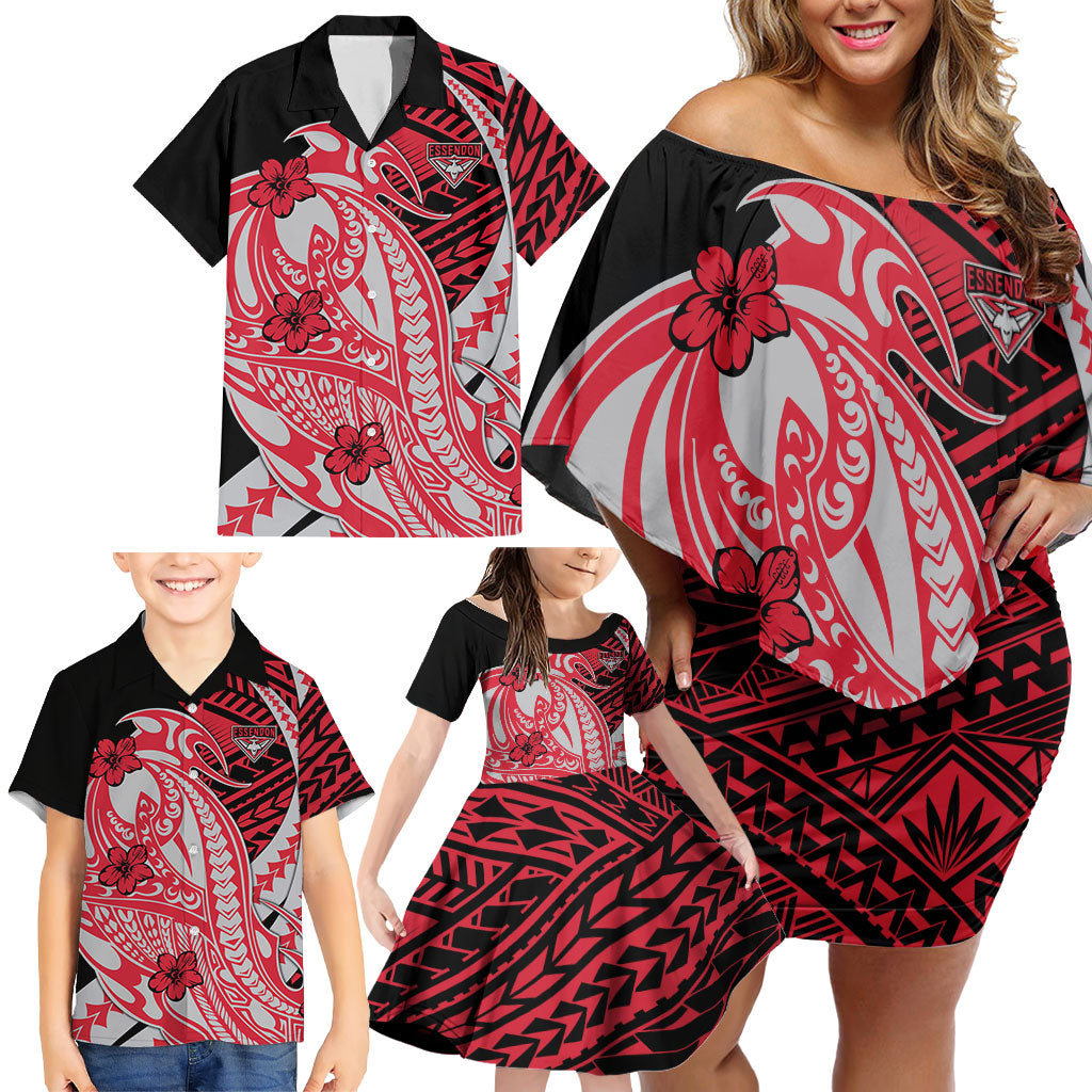 Personalized Essendon Bombers Family Matching Off Shoulder Short Dress and Hawaiian Shirt Polynesian Tribal Bomber Pilot Mascot With Hibiscus Floral Art