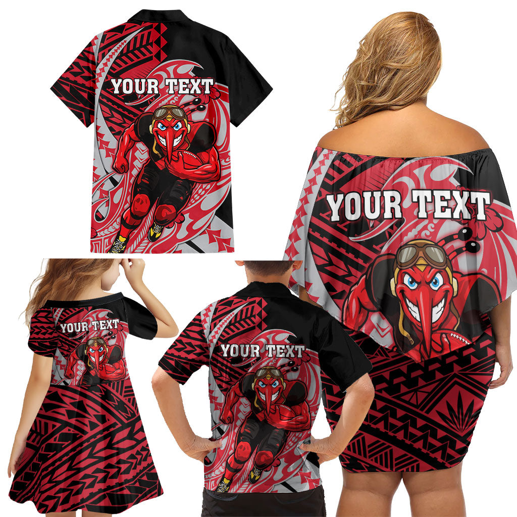 Personalized Essendon Bombers Family Matching Off Shoulder Short Dress and Hawaiian Shirt Polynesian Tribal Bomber Pilot Mascot With Hibiscus Floral Art