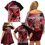 Personalized Essendon Bombers Family Matching Off Shoulder Short Dress and Hawaiian Shirt Polynesian Tribal Bomber Pilot Mascot With Hibiscus Floral Art