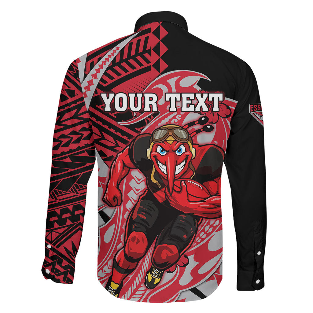 Personalized Essendon Bombers Family Matching Off Shoulder Short Dress and Hawaiian Shirt Polynesian Tribal Bomber Pilot Mascot With Hibiscus Floral Art