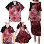 Personalized Essendon Bombers Family Matching Puletasi and Hawaiian Shirt Polynesian Tribal Bomber Pilot Mascot With Hibiscus Floral Art