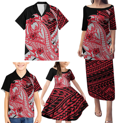Personalized Essendon Bombers Family Matching Puletasi and Hawaiian Shirt Polynesian Tribal Bomber Pilot Mascot With Hibiscus Floral Art