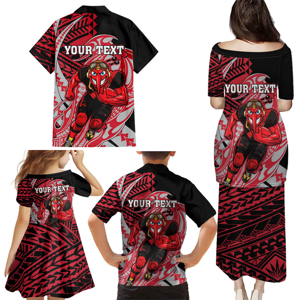 Personalized Essendon Bombers Family Matching Puletasi and Hawaiian Shirt Polynesian Tribal Bomber Pilot Mascot With Hibiscus Floral Art
