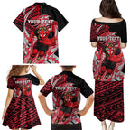 Personalized Essendon Bombers Family Matching Puletasi and Hawaiian Shirt Polynesian Tribal Bomber Pilot Mascot With Hibiscus Floral Art