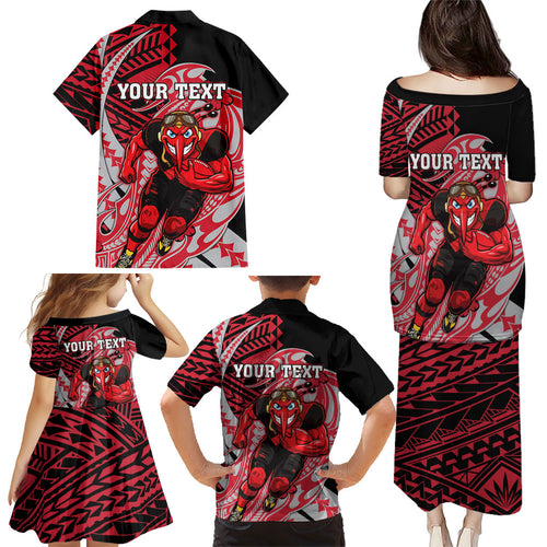 Personalized Essendon Bombers Family Matching Puletasi and Hawaiian Shirt Polynesian Tribal Bomber Pilot Mascot With Hibiscus Floral Art