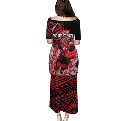 Personalized Essendon Bombers Family Matching Puletasi and Hawaiian Shirt Polynesian Tribal Bomber Pilot Mascot With Hibiscus Floral Art