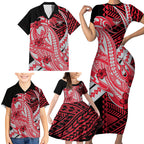 Personalized Essendon Bombers Family Matching Short Sleeve Bodycon Dress and Hawaiian Shirt Polynesian Tribal Bomber Pilot Mascot With Hibiscus Floral Art