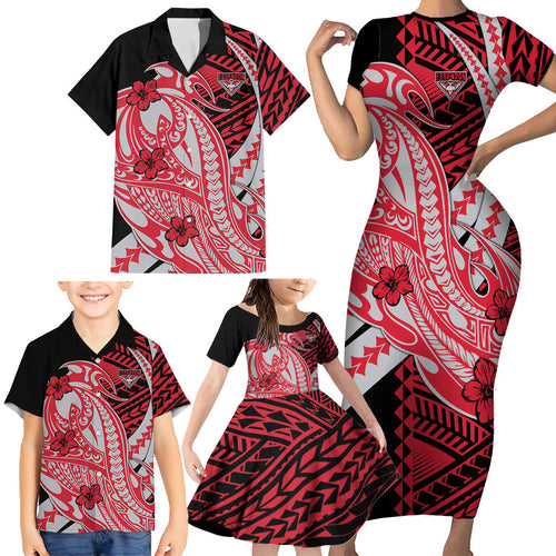 Personalized Essendon Bombers Family Matching Short Sleeve Bodycon Dress and Hawaiian Shirt Polynesian Tribal Bomber Pilot Mascot With Hibiscus Floral Art