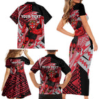 Personalized Essendon Bombers Family Matching Short Sleeve Bodycon Dress and Hawaiian Shirt Polynesian Tribal Bomber Pilot Mascot With Hibiscus Floral Art