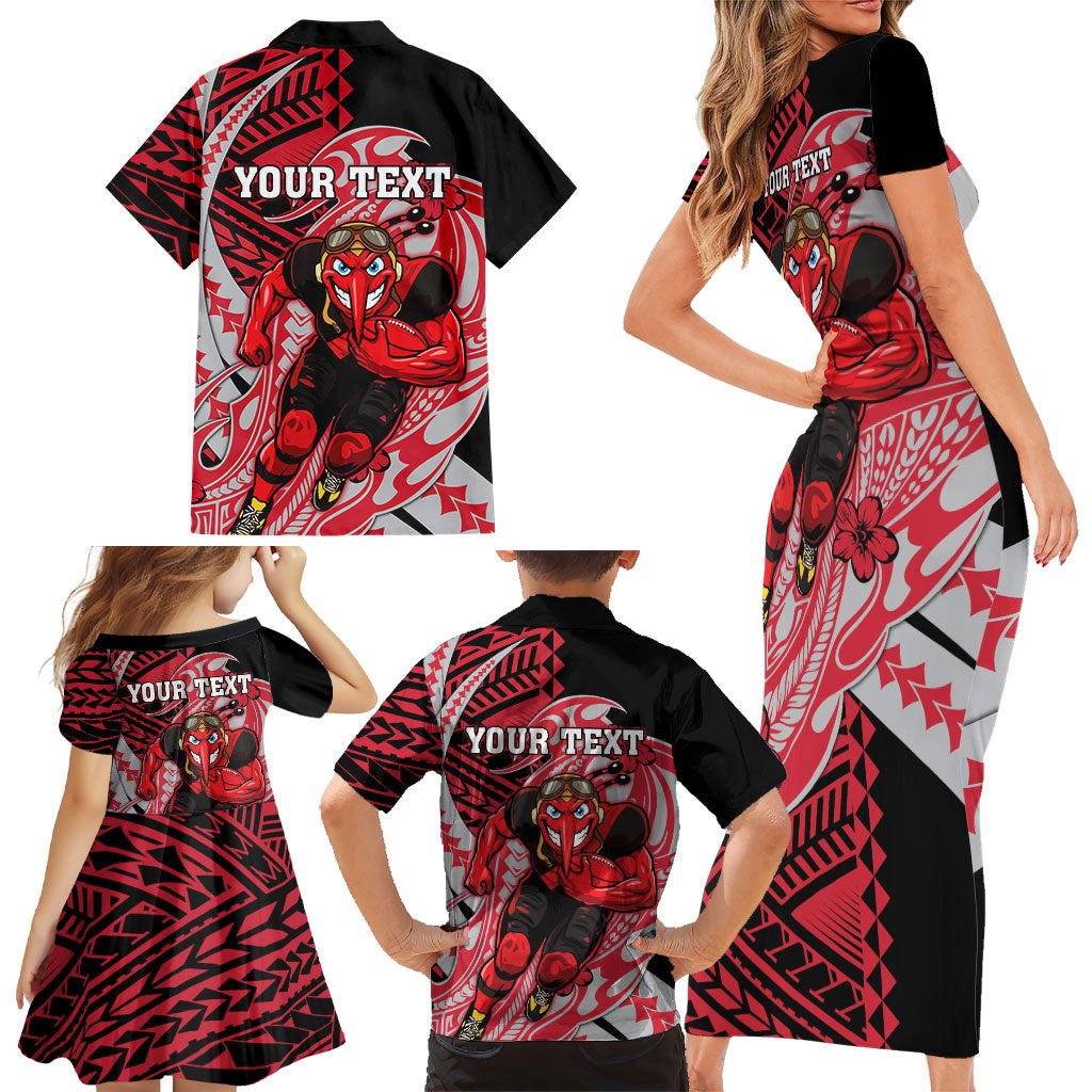 Personalized Essendon Bombers Family Matching Short Sleeve Bodycon Dress and Hawaiian Shirt Polynesian Tribal Bomber Pilot Mascot With Hibiscus Floral Art