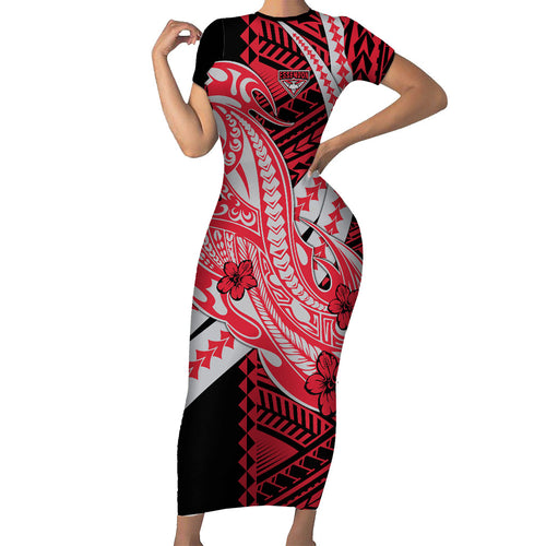 Personalized Essendon Bombers Family Matching Short Sleeve Bodycon Dress and Hawaiian Shirt Polynesian Tribal Bomber Pilot Mascot With Hibiscus Floral Art