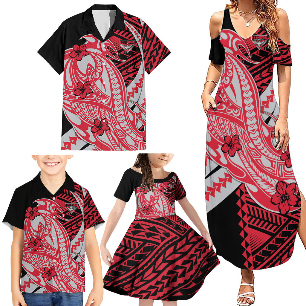 Personalized Essendon Bombers Family Matching Summer Maxi Dress and Hawaiian Shirt Polynesian Tribal Bomber Pilot Mascot With Hibiscus Floral Art