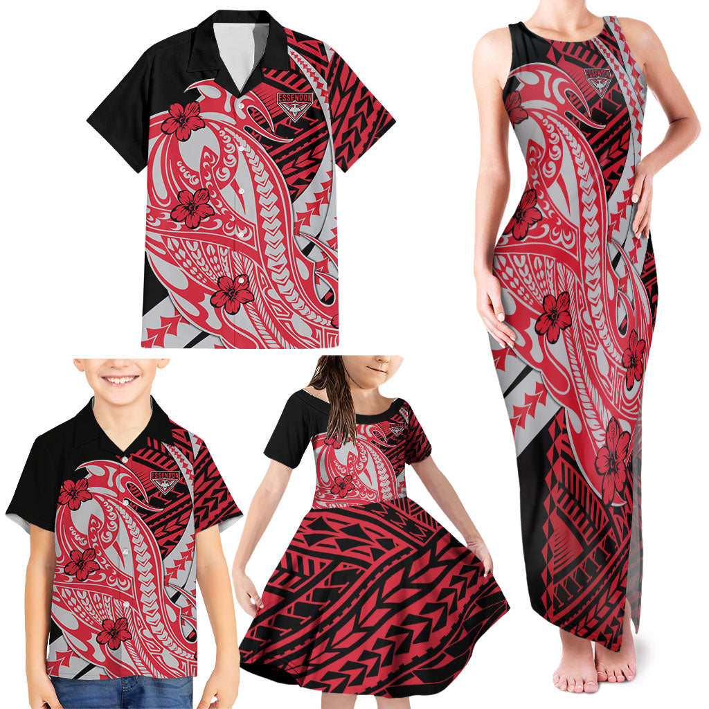 Personalized Essendon Bombers Family Matching Tank Maxi Dress and Hawaiian Shirt Polynesian Tribal Bomber Pilot Mascot With Hibiscus Floral Art