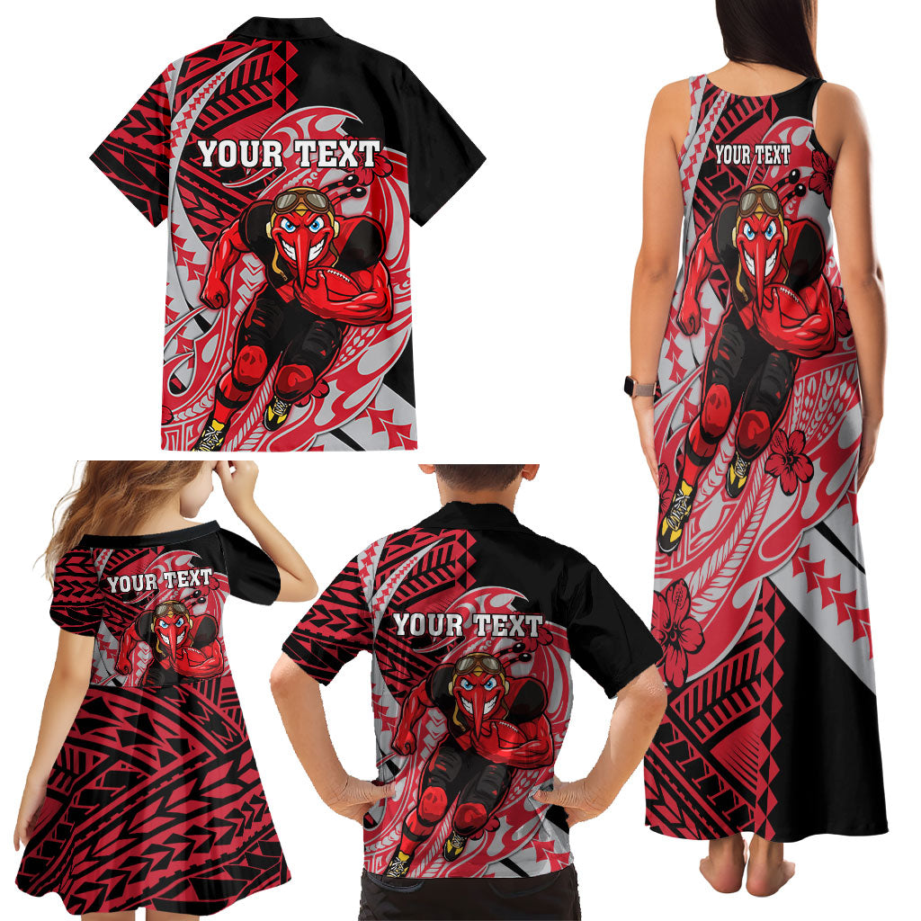 Personalized Essendon Bombers Family Matching Tank Maxi Dress and Hawaiian Shirt Polynesian Tribal Bomber Pilot Mascot With Hibiscus Floral Art