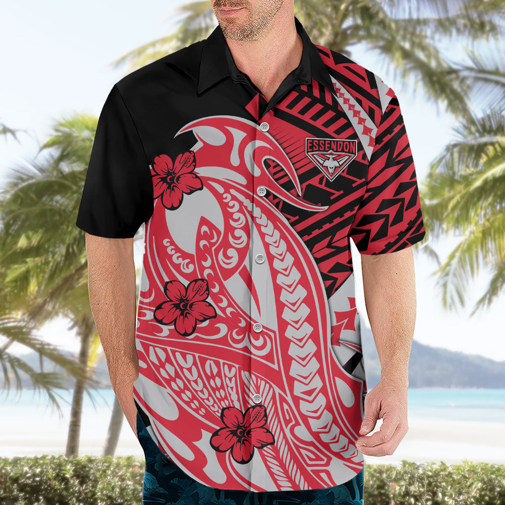 Personalized Essendon Bombers Hawaiian Shirt Polynesian Tribal Bomber Pilot Mascot With Hibiscus Floral Art
