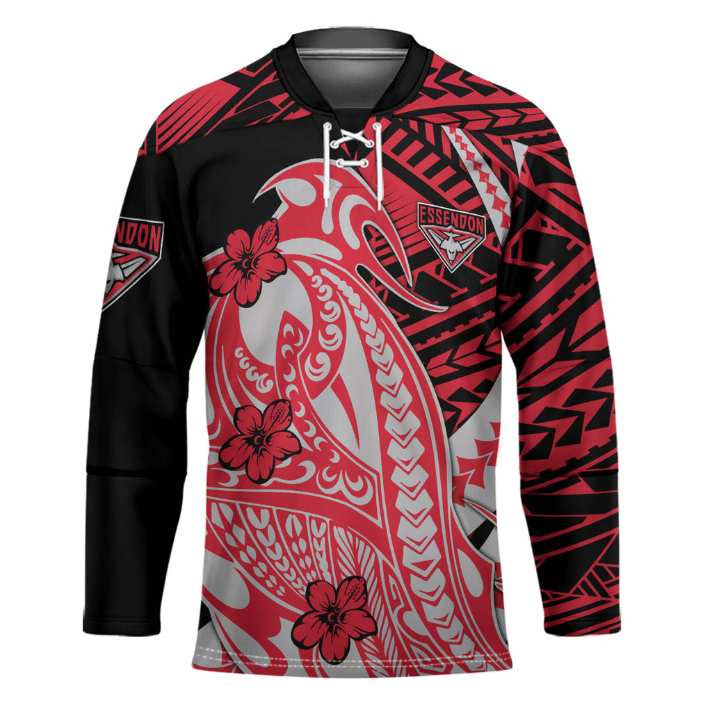 Personalized Essendon Bombers Hockey Jersey Polynesian Tribal Bomber Pilot Mascot With Hibiscus Floral Art