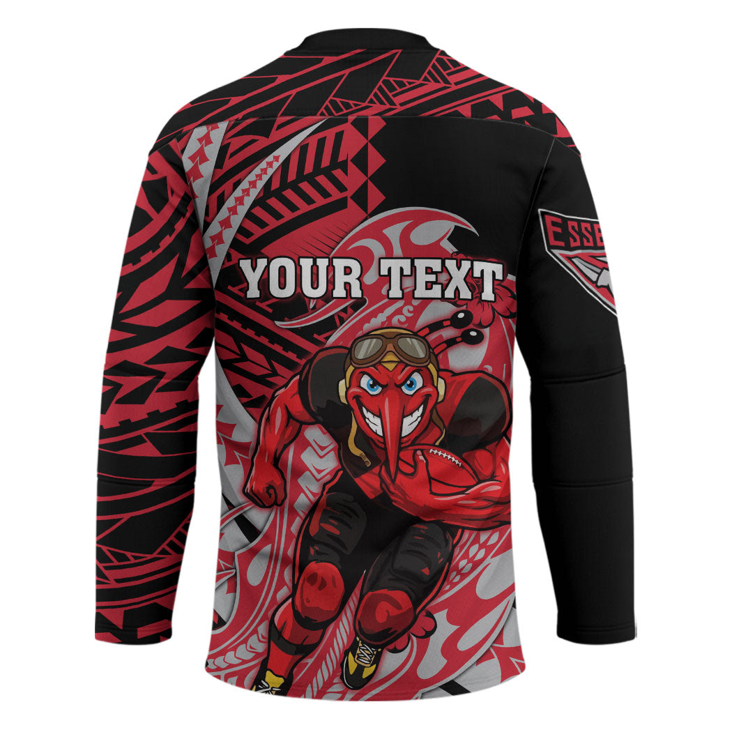 Personalized Essendon Bombers Hockey Jersey Polynesian Tribal Bomber Pilot Mascot With Hibiscus Floral Art