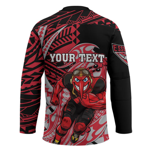 Personalized Essendon Bombers Hockey Jersey Polynesian Tribal Bomber Pilot Mascot With Hibiscus Floral Art