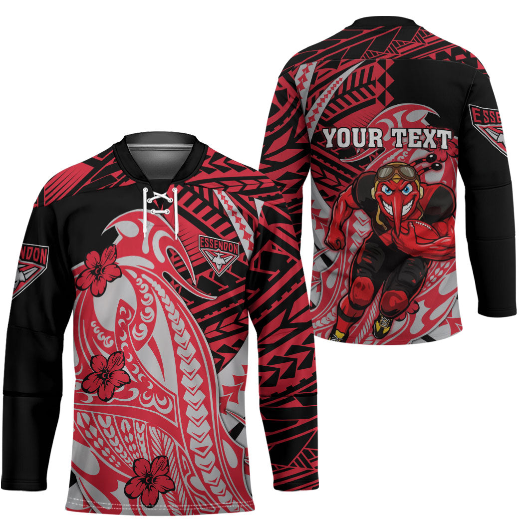 Personalized Essendon Bombers Hockey Jersey Polynesian Tribal Bomber Pilot Mascot With Hibiscus Floral Art