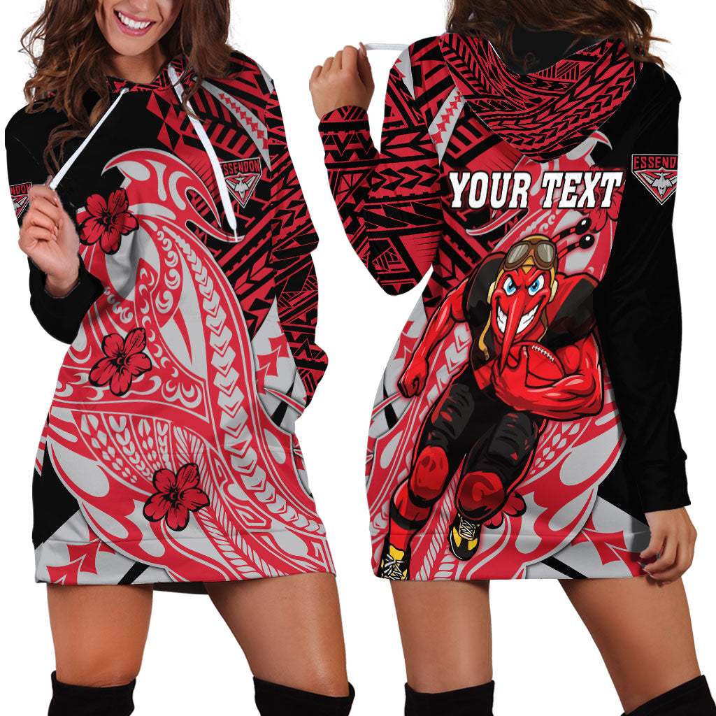 Personalized Essendon Bombers Hoodie Dress Polynesian Tribal Bomber Pilot Mascot With Hibiscus Floral Art