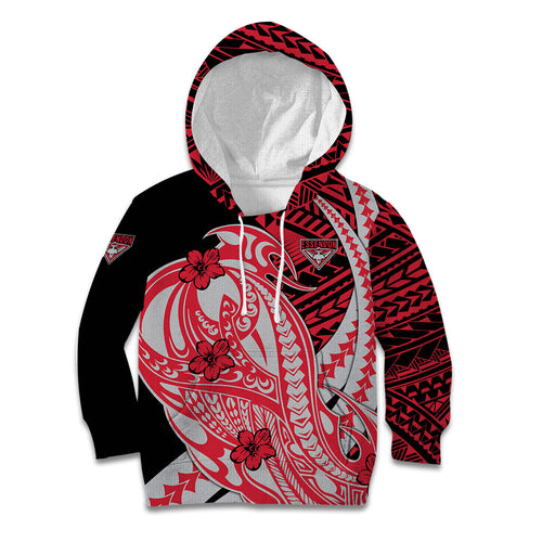 Personalized Essendon Bombers Kid Hoodie Polynesian Tribal Bomber Pilot Mascot With Hibiscus Floral Art