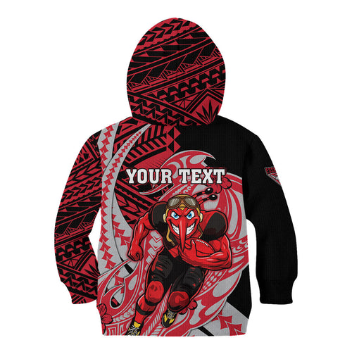 Personalized Essendon Bombers Kid Hoodie Polynesian Tribal Bomber Pilot Mascot With Hibiscus Floral Art