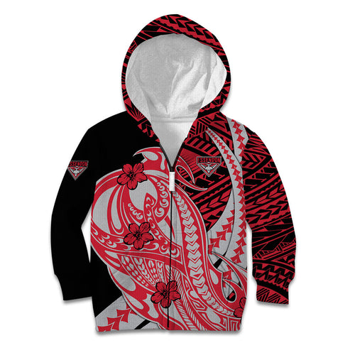 Personalized Essendon Bombers Kid Hoodie Polynesian Tribal Bomber Pilot Mascot With Hibiscus Floral Art