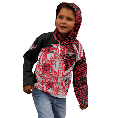 Personalized Essendon Bombers Kid Hoodie Polynesian Tribal Bomber Pilot Mascot With Hibiscus Floral Art