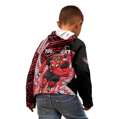 Personalized Essendon Bombers Kid Hoodie Polynesian Tribal Bomber Pilot Mascot With Hibiscus Floral Art