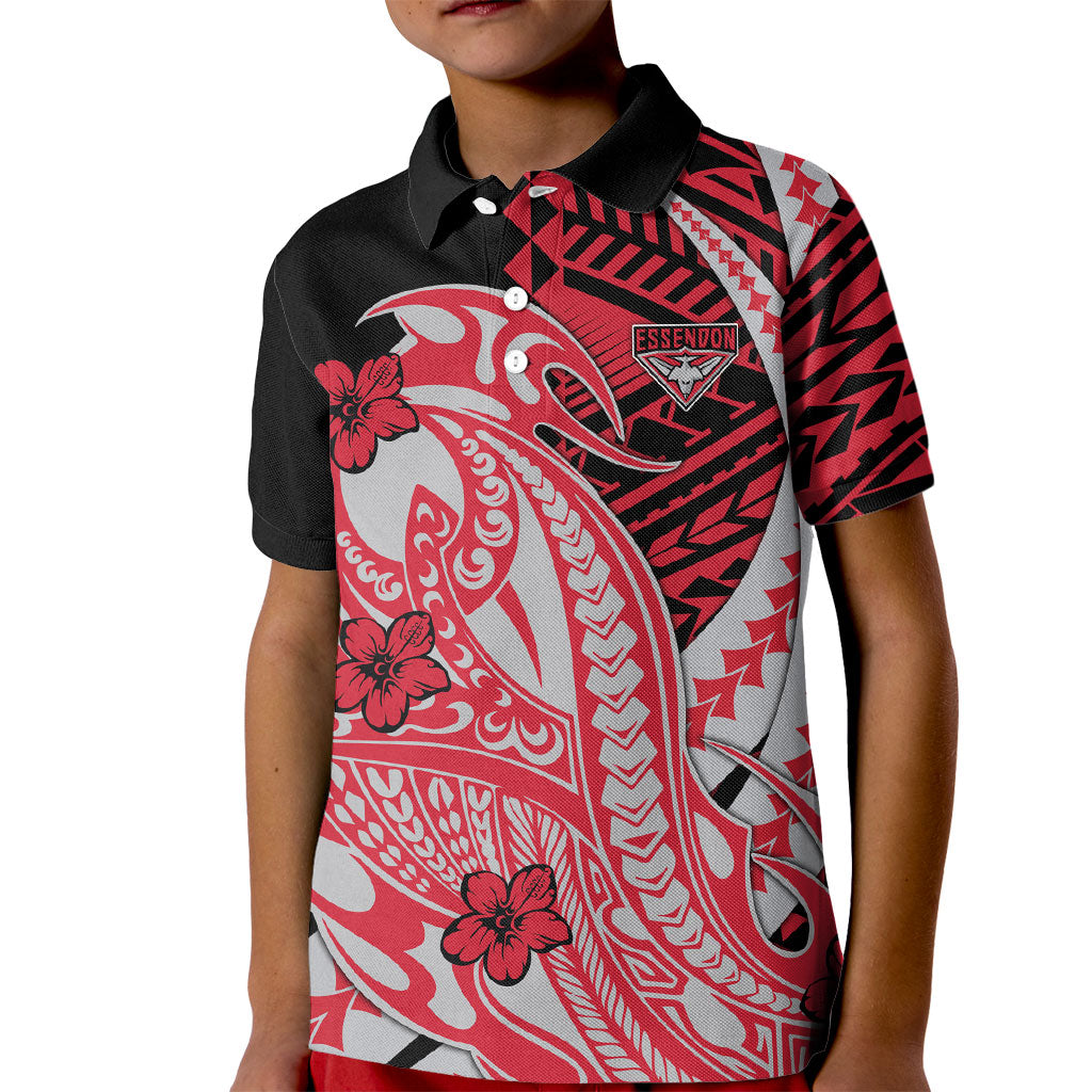 Personalized Essendon Bombers Kid Polo Shirt Polynesian Tribal Bomber Pilot Mascot With Hibiscus Floral Art