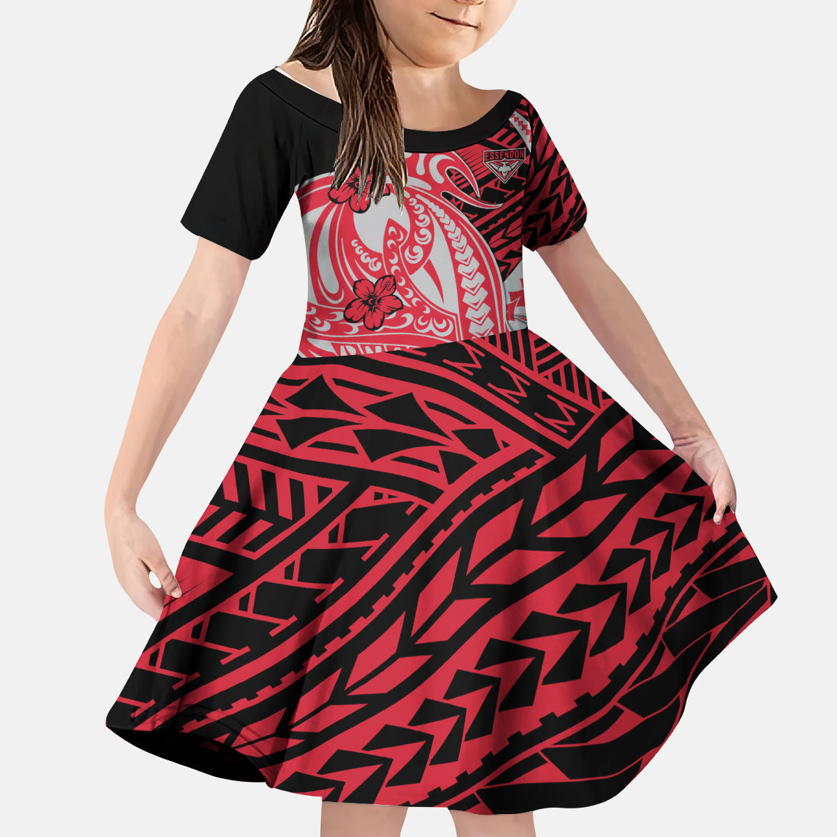 Personalized Essendon Bombers Kid Short Sleeve Dress Polynesian Tribal Bomber Pilot Mascot With Hibiscus Floral Art