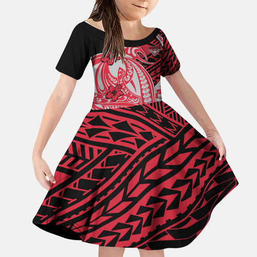 Personalized Essendon Bombers Kid Short Sleeve Dress Polynesian Tribal Bomber Pilot Mascot With Hibiscus Floral Art