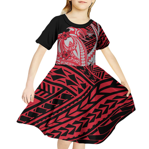 Personalized Essendon Bombers Kid Short Sleeve Dress Polynesian Tribal Bomber Pilot Mascot With Hibiscus Floral Art