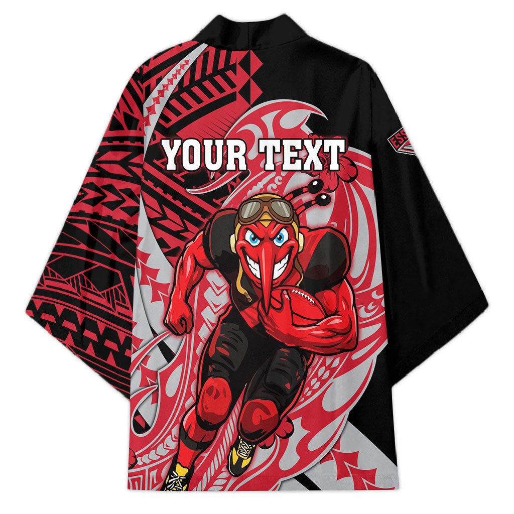Personalized Essendon Bombers Kimono Polynesian Tribal Bomber Pilot Mascot With Hibiscus Floral Art