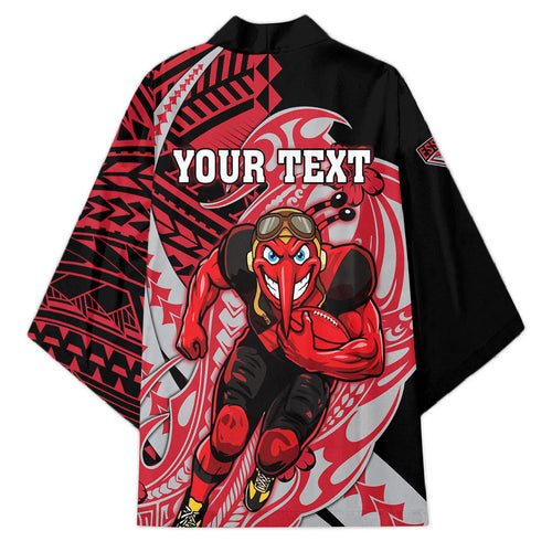 Personalized Essendon Bombers Kimono Polynesian Tribal Bomber Pilot Mascot With Hibiscus Floral Art