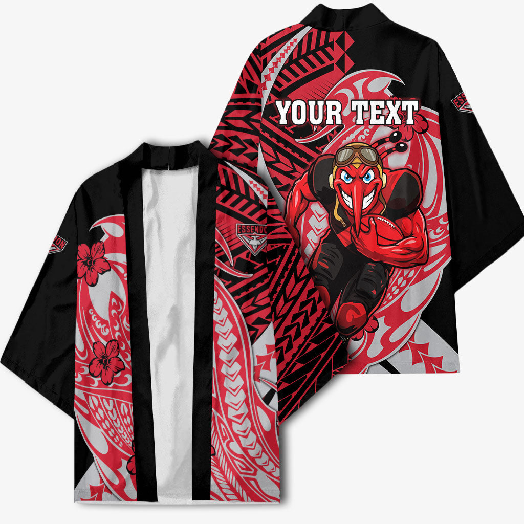 Personalized Essendon Bombers Kimono Polynesian Tribal Bomber Pilot Mascot With Hibiscus Floral Art