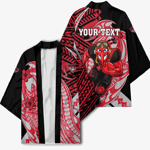 Personalized Essendon Bombers Kimono Polynesian Tribal Bomber Pilot Mascot With Hibiscus Floral Art