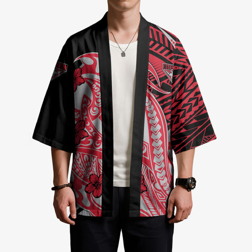 Personalized Essendon Bombers Kimono Polynesian Tribal Bomber Pilot Mascot With Hibiscus Floral Art