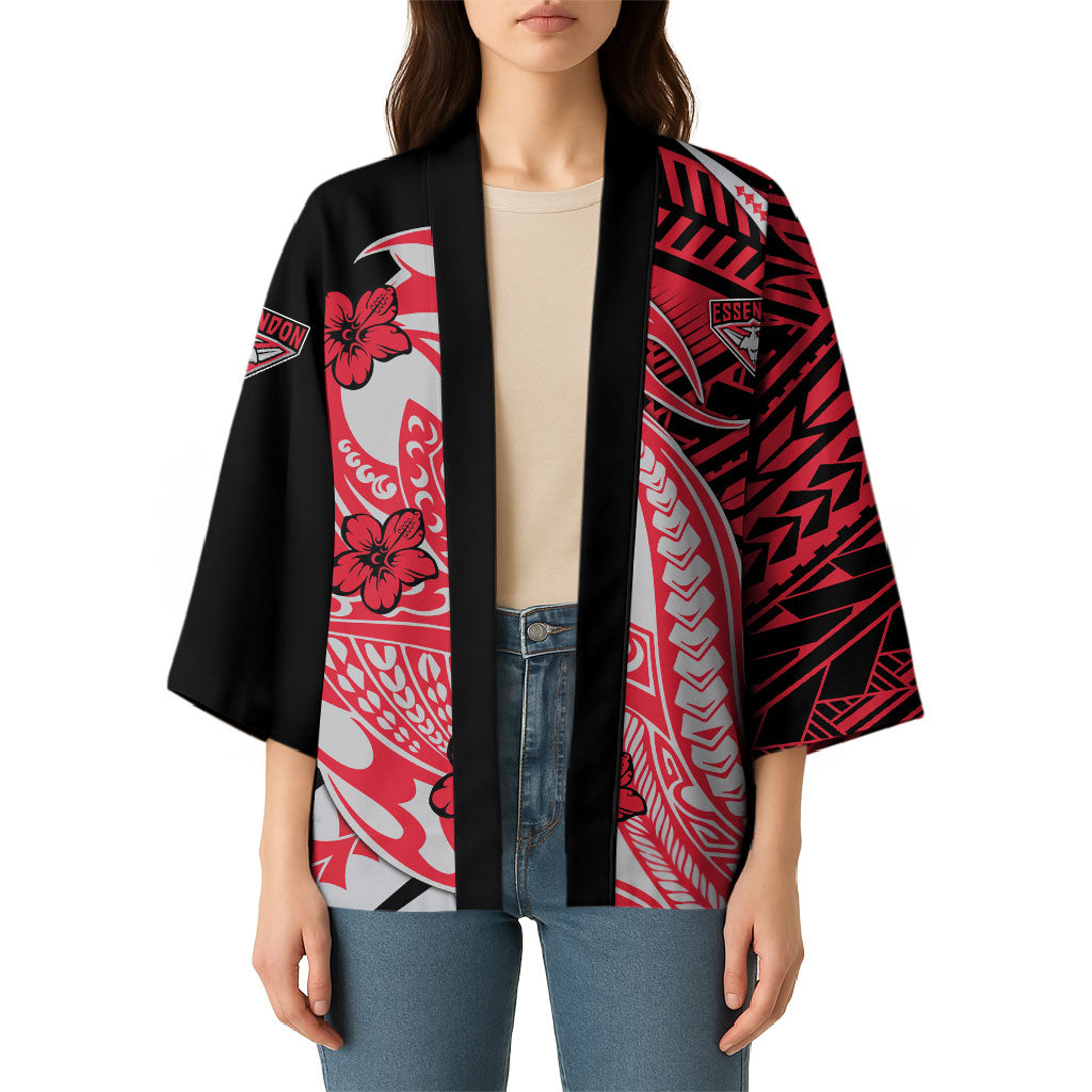 Personalized Essendon Bombers Kimono Polynesian Tribal Bomber Pilot Mascot With Hibiscus Floral Art